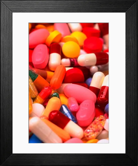 Framed Print : Close-up still life of a pile of various pills Framed Print : Close-up still life of a pile of various pills