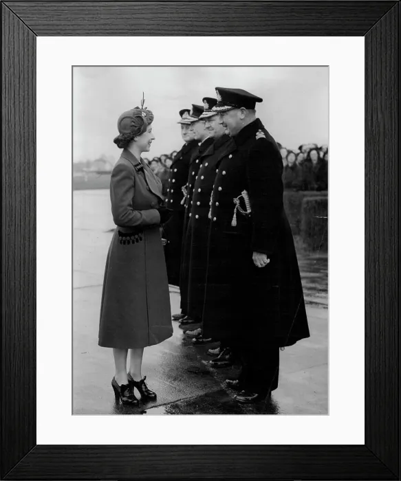 Framed Print : The Queen Visits Her Naval Airmen - The Queen chatting with commodore Sir Aubrey St Framed Print : The Queen Visits Her Naval Airmen - The Queen chatting with commodore Sir Aubrey St