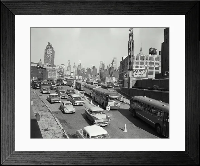Framed Print : Vintage Photograph. Streets with busy traffic leading into Lincoln Tunnel looking back at skyline of New York City Framed Print : Vintage Photograph. Streets with busy traffic leading into Lincoln Tunnel looking back at skyline of New York City