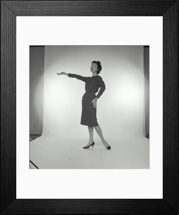 Framed Print : Vintage Photograph. Woman laughing while her hand is out presenting