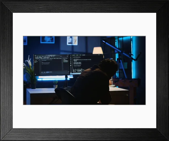 Framed Print : Software developer putting face in hands in frustration while updating binary code script on computer Framed Print : Software developer putting face in hands in frustration while updating binary code script on computer