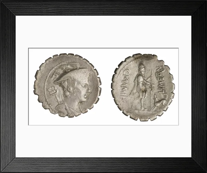 Framed Print : denarius (serratus). Mamilius Limetanus, C. (fl. 82 a.C.), monetary officer, Republika Rzymska, issuer Framed Print : denarius (serratus). Mamilius Limetanus, C. (fl. 82 a.C.), monetary officer, Republika Rzymska, issuer