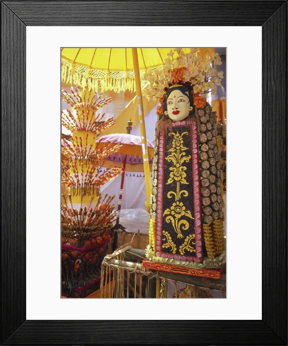 Framed Print : Indonesia, Bali, Colorful ceremonial mask along with food offerings, ornate Framed Print : Indonesia, Bali, Colorful ceremonial mask along with food offerings, ornate