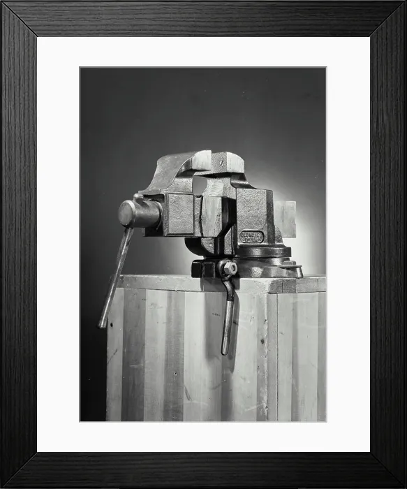 Framed Print : Vintage Photograph. Bench Vice sitting on wooden box Framed Print : Vintage Photograph. Bench Vice sitting on wooden box
