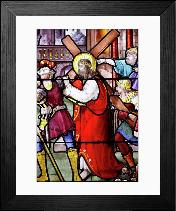 Framed Print : Saint Leonard church. Stained glass. Way of the cross. Sation 2. Jesus takes up his Cross. Honfleur. France Framed Print : Saint Leonard church. Stained glass. Way of the cross. Sation 2. Jesus takes up his Cross. Honfleur. France