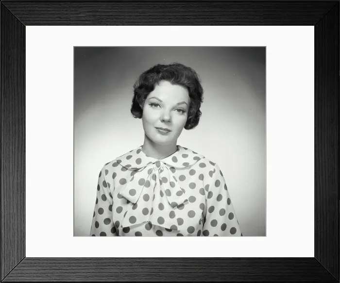 Framed Print : Vintage Photograph. Brunette woman wearing polka dot blouse looking at camera Framed Print : Vintage Photograph. Brunette woman wearing polka dot blouse looking at camera