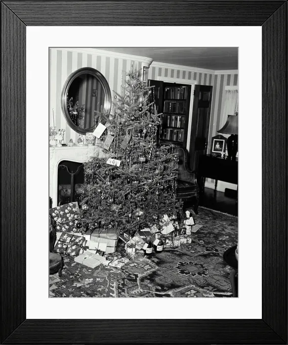 Framed Print : Vintage Photograph. A well decorated Christmas tree with a pile of presents below it Framed Print : Vintage Photograph. A well decorated Christmas tree with a pile of presents below it
