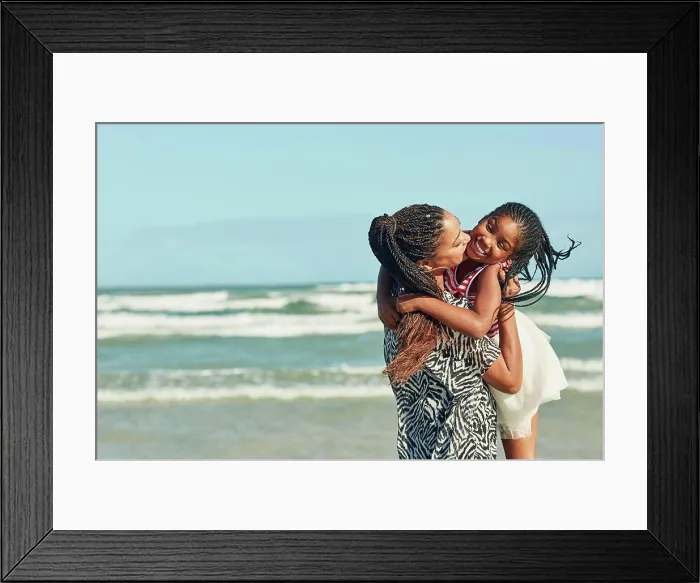 Framed Print : Family, African mother and child kiss with blue sky on beach for love Framed Print : Family, African mother and child kiss with blue sky on beach for love