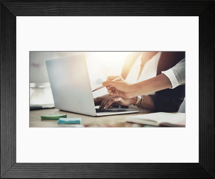 Framed Print : Hands, point and laptop in office for help
