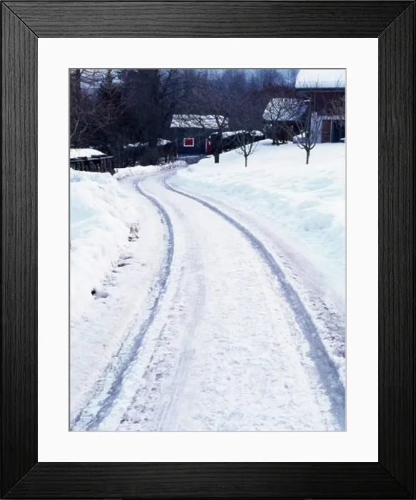 Framed Print : Tire tracks on a snow covered road, Chamonix, France