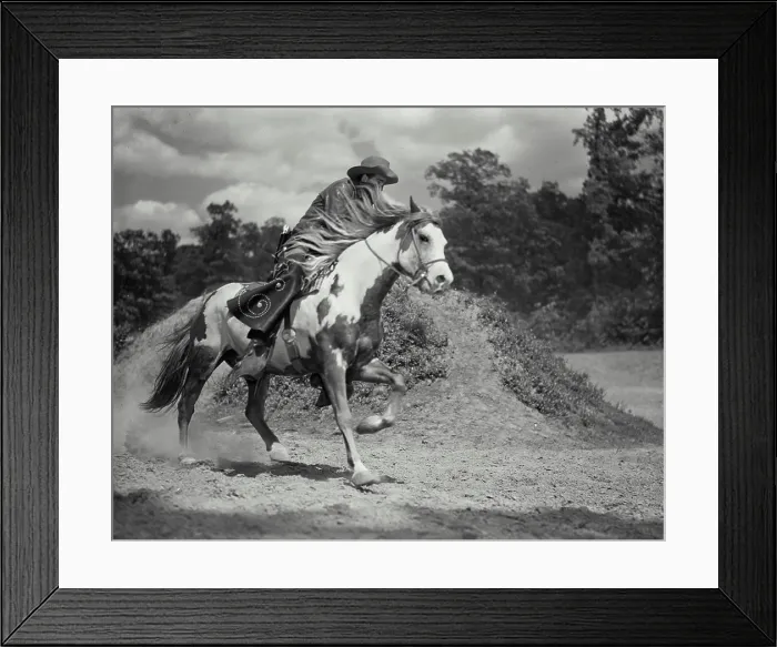 Framed Print : Vintage Photograph. Man riding horse in field. Frame 4