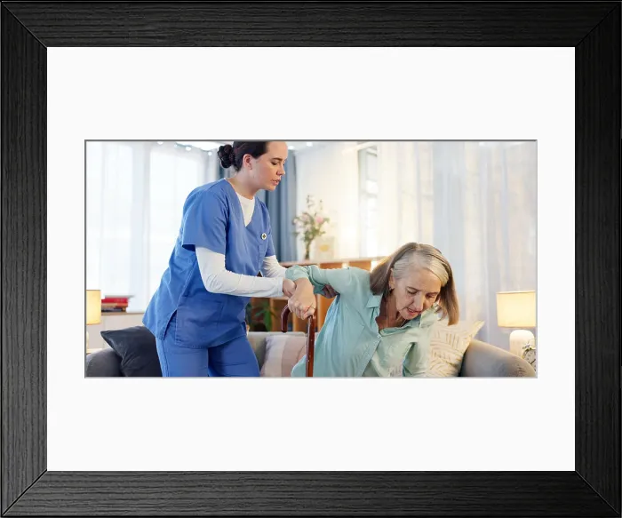 Framed Print : Nurse, mature woman and help with cane