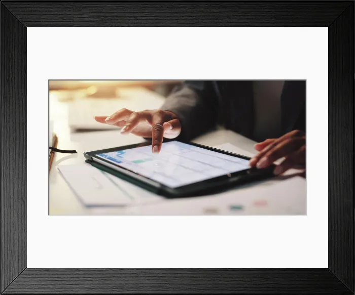 Framed Print : Person, hands and tablet screen in office for business