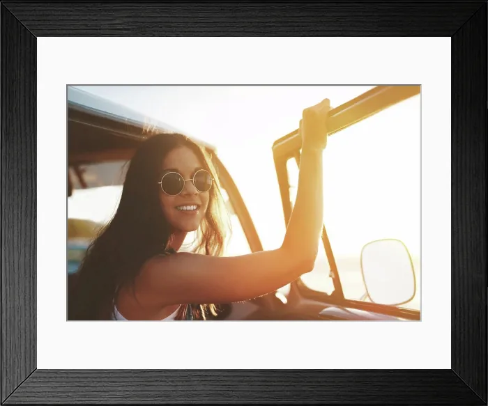 Framed Print : Road trip, break and woman with smile in portrait for outdoor summer vacation