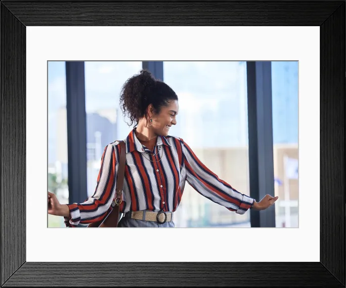 Framed Print : Dancing, excited and businesswoman in office for job promotion Framed Print : Dancing, excited and businesswoman in office for job promotion