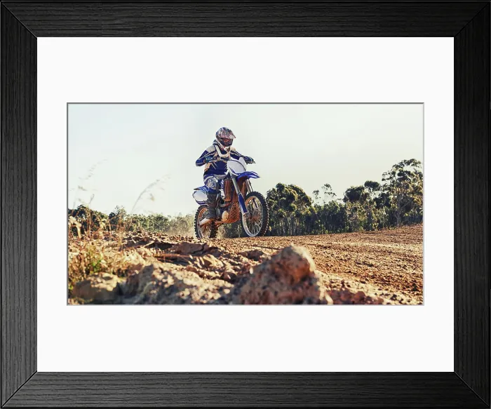 Framed Print : Stunt, race and man on dirt bike in desert with adventure Framed Print : Stunt, race and man on dirt bike in desert with adventure