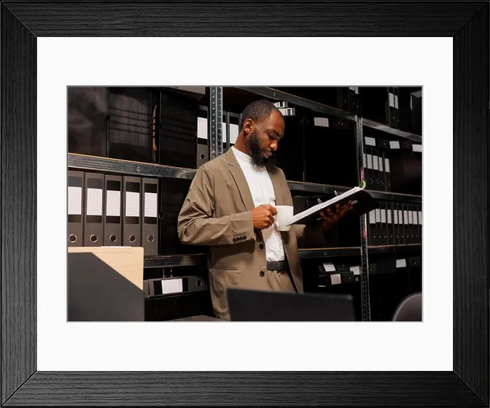 Framed Print : Cop drinking coffee and reading investigation report file