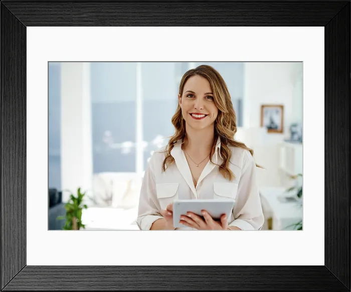 Framed Print : Portrait, business and woman with tablet in office or legal research Framed Print : Portrait, business and woman with tablet in office or legal research