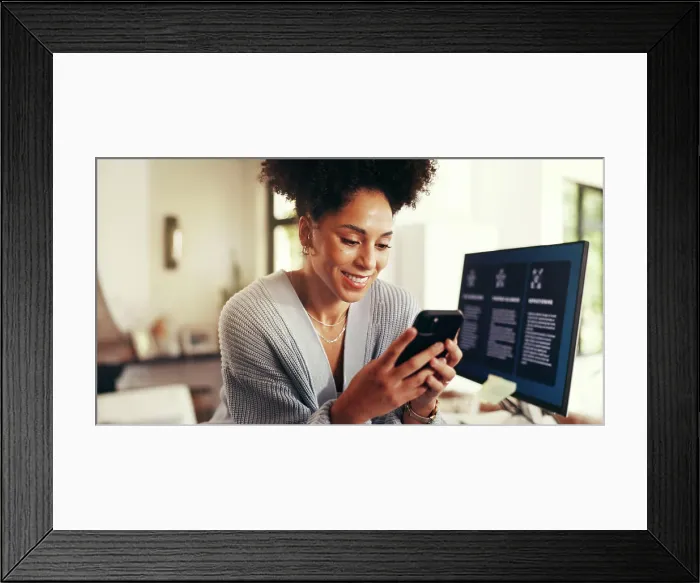 Framed Print : Remote work, woman and phone for feedback Framed Print : Remote work, woman and phone for feedback