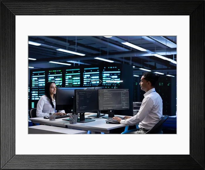 Framed Print : Team of technicians in data center checking equipment performance on computer after upgrading infrastructure