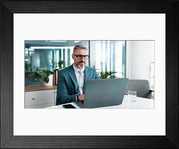 Framed Print : Office, mature and businessman with laptop for reading Framed Print : Office, mature and businessman with laptop for reading