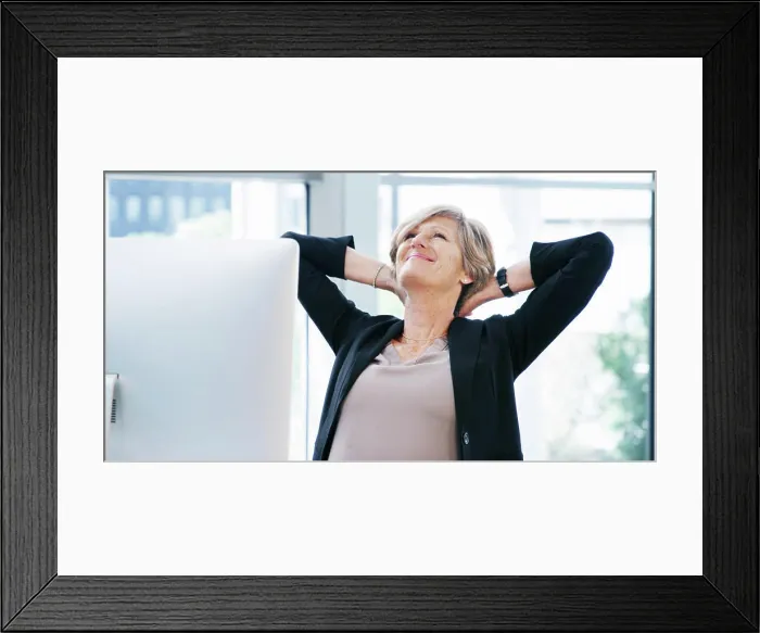 Framed Print : Success, stretching and computer with business woman for corporate venture capital
