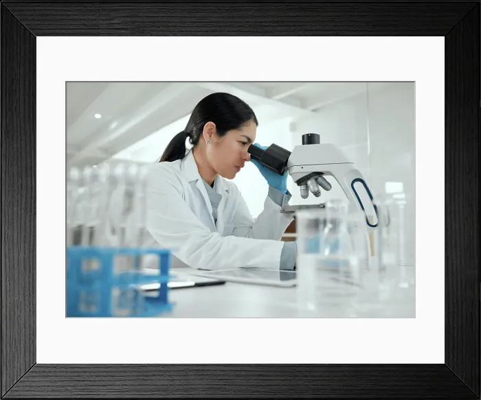 Framed Print : Woman, microscope and research in lab for science Framed Print : Woman, microscope and research in lab for science