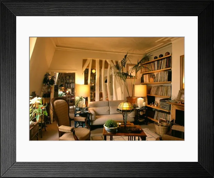 Framed Print : Lighted lamps in traditional cottage living room Framed Print : Lighted lamps in traditional cottage living room