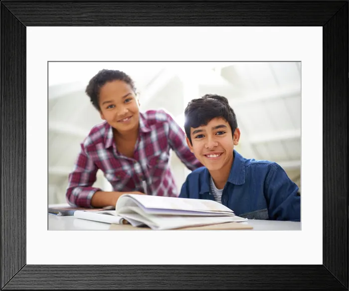 Framed Print : Children, books and portrait with studying in home with smile