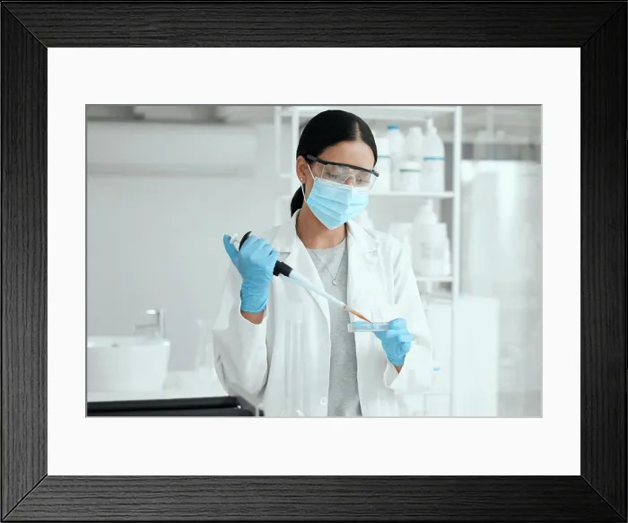 Framed Print : Scientist, woman and petri dish for blood sample in lab with dna analysis Framed Print : Scientist, woman and petri dish for blood sample in lab with dna analysis