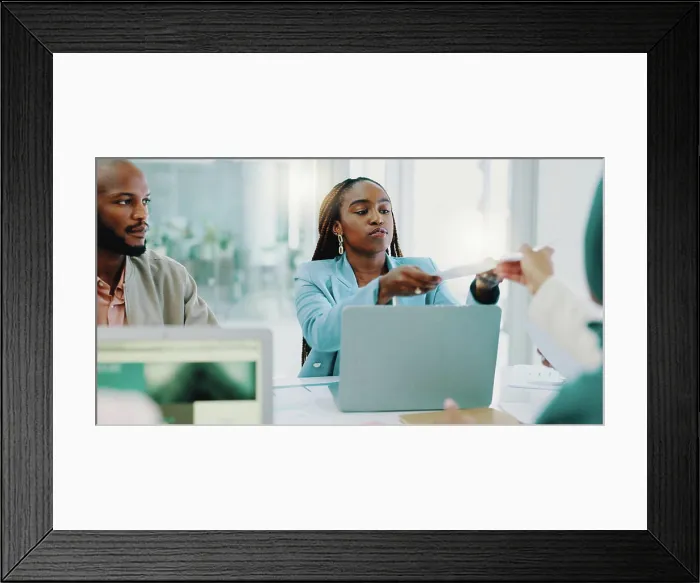 Framed Print : Business meeting, diversity team and computer with documents Framed Print : Business meeting, diversity team and computer with documents