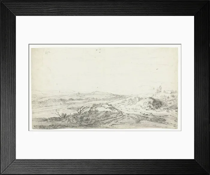 Framed Print : Dune landscape with a sea in the distance Framed Print : Dune landscape with a sea in the distance