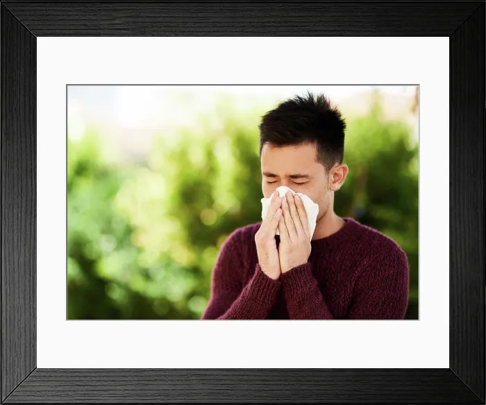 Framed Print : Man, outdoor and sick with tissue for allergies or pollen