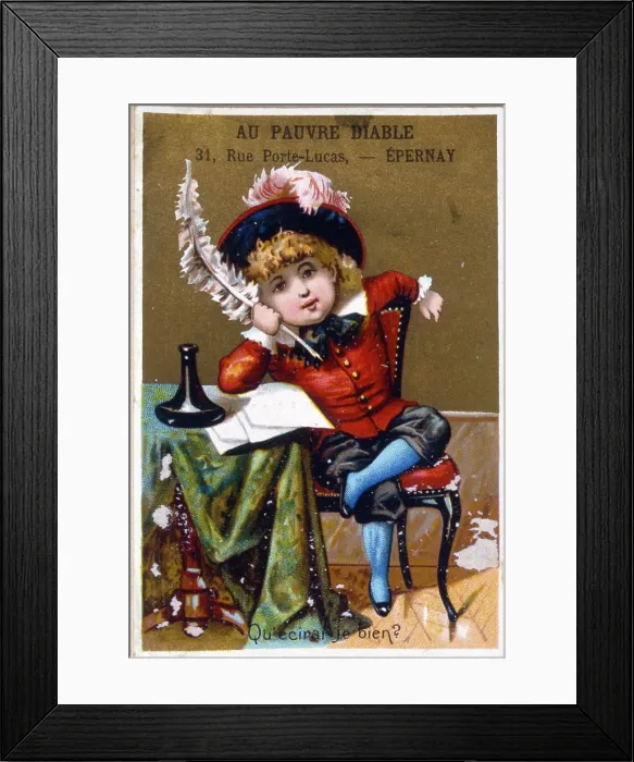 Framed Print : French chromolithograph illustration depicting a boy trying to write a letter. 1890 Framed Print : French chromolithograph illustration depicting a boy trying to write a letter. 1890