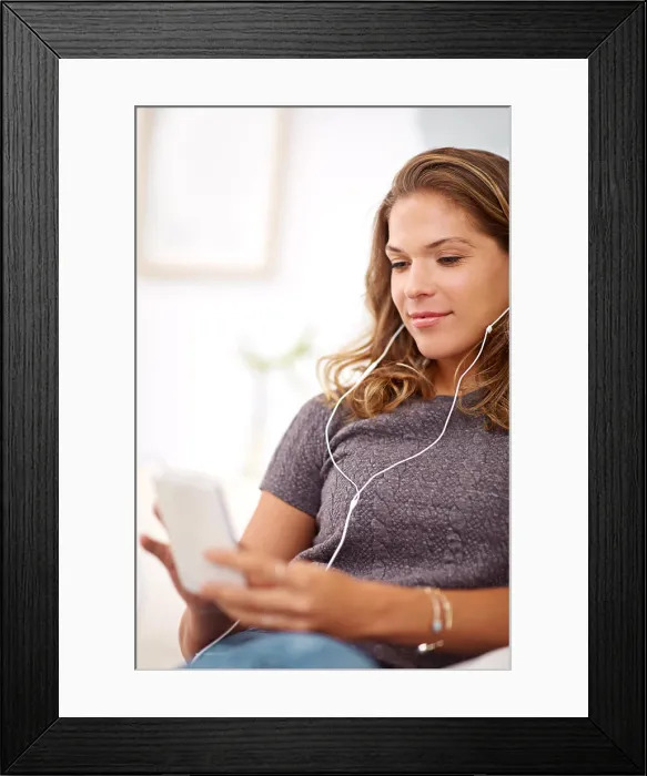 Framed Print : Woman, house and earphones for music or relax with podcast Framed Print : Woman, house and earphones for music or relax with podcast