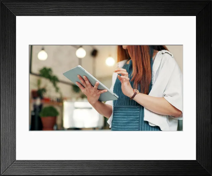 Framed Print : Barista, tablet and hands of woman in cafe for research