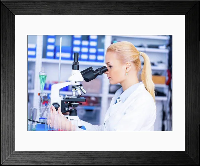 Framed Print : Female scientist using microscope in the laboratory Framed Print : Female scientist using microscope in the laboratory