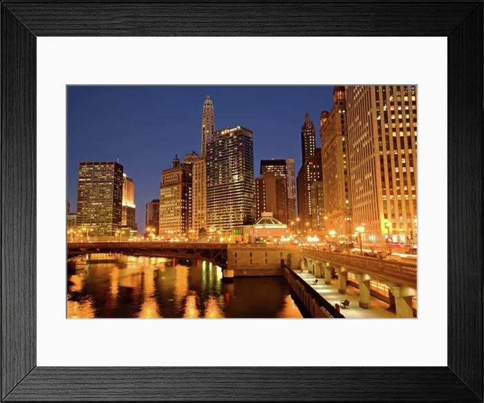 Framed Print : Traffic at Wacker Drive riverfront at dusk, Chicago, Illinois, USA