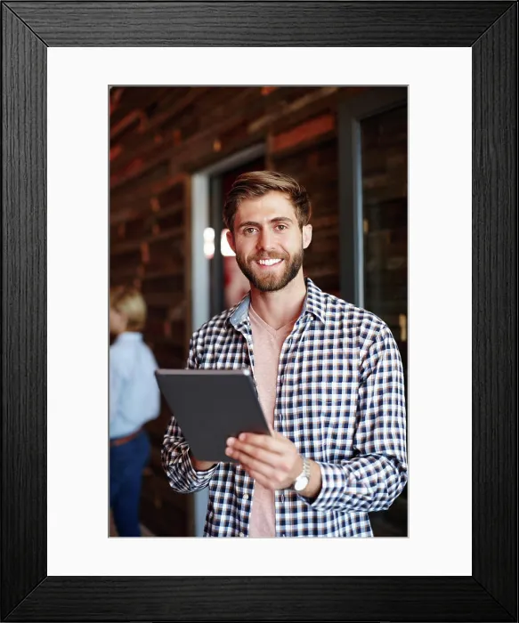 Framed Print : Portrait, creative and business man with tablet as journalist for news research in office
