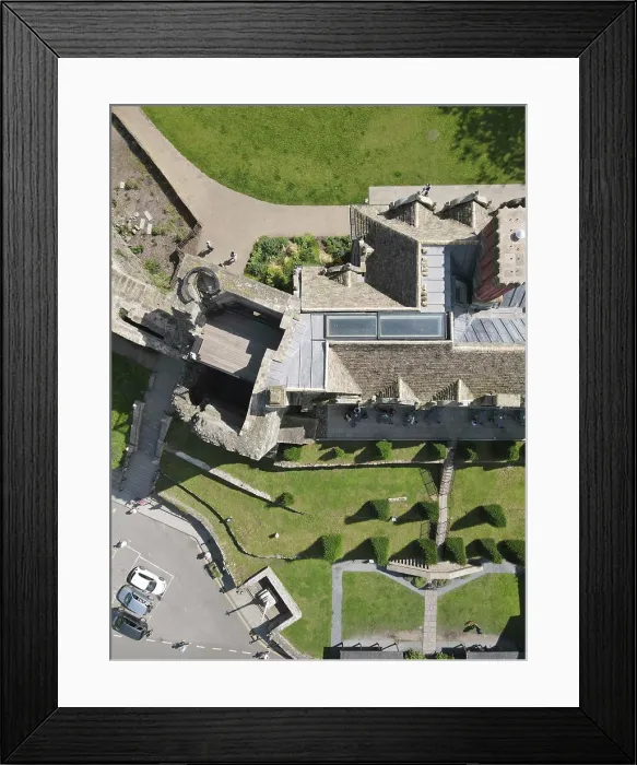 Framed Print : Bird's eye view of historic and refurbished roof structures
