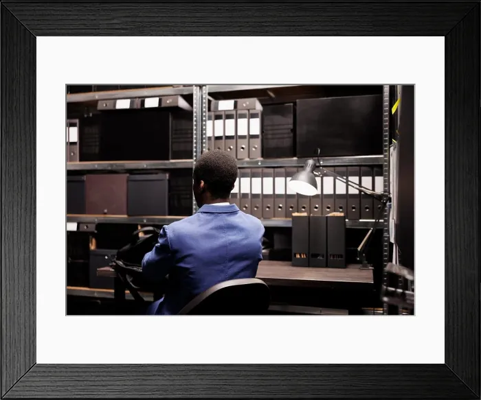 Framed Print : Agent checking surveillance evidence Framed Print : Agent checking surveillance evidence