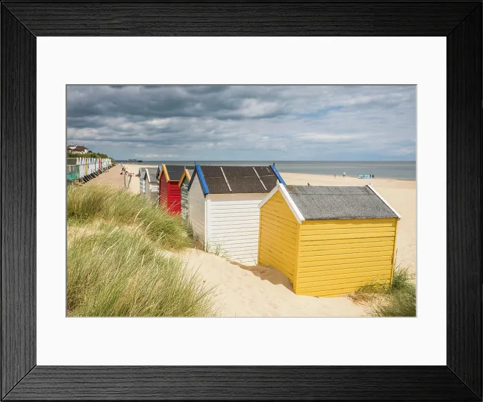 Framed Print : Colourful beach huts pictured behind dune grass at the end of the promenade at Southwold beach on the Suffolk coast Framed Print : Colourful beach huts pictured behind dune grass at the end of the promenade at Southwold beach on the Suffolk coast