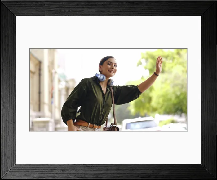 Framed Print : Happy, city and woman calling cab Framed Print : Happy, city and woman calling cab