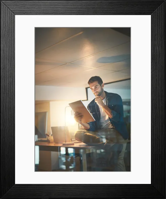 Framed Print : Thinking, office and businessman on tablet at night for research project