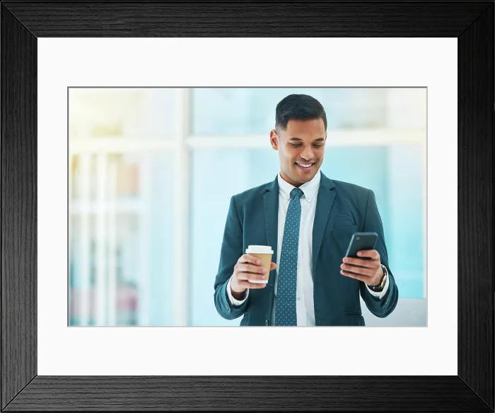 Framed Print : Cellphone, coffee and business man in office online for social media Framed Print : Cellphone, coffee and business man in office online for social media