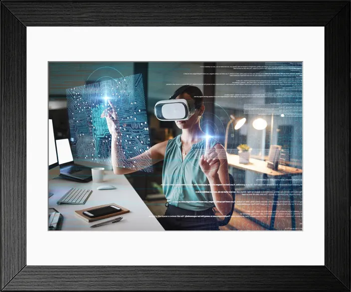 Framed Print : Woman, coding and night with vr double exposure Framed Print : Woman, coding and night with vr double exposure