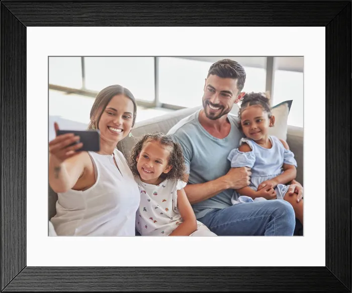 Framed Print : Family selfie, interracial smile and parents with phone for social media with children Framed Print : Family selfie, interracial smile and parents with phone for social media with children