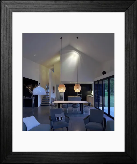 Framed Print : Main living space. Twisted House, Kent, United Kingdom. Architect: Andy Martin architecture, 2021 Framed Print : Main living space. Twisted House, Kent, United Kingdom. Architect: Andy Martin architecture, 2021