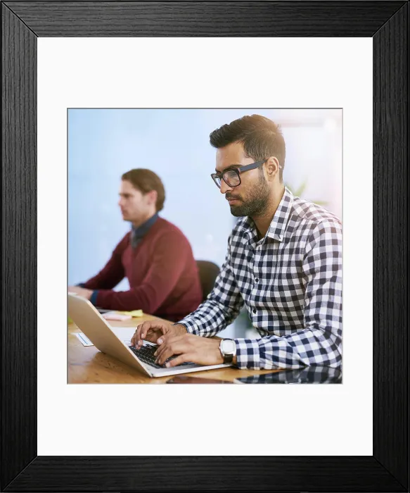 Framed Print : Computer, serious and business man typing email for project