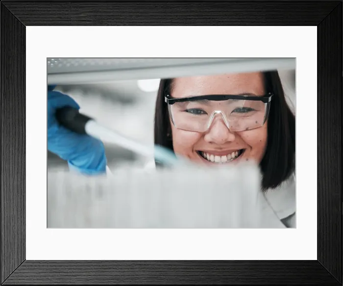 Framed Print : Test tubes, scientist smile and woman with investigation Framed Print : Test tubes, scientist smile and woman with investigation
